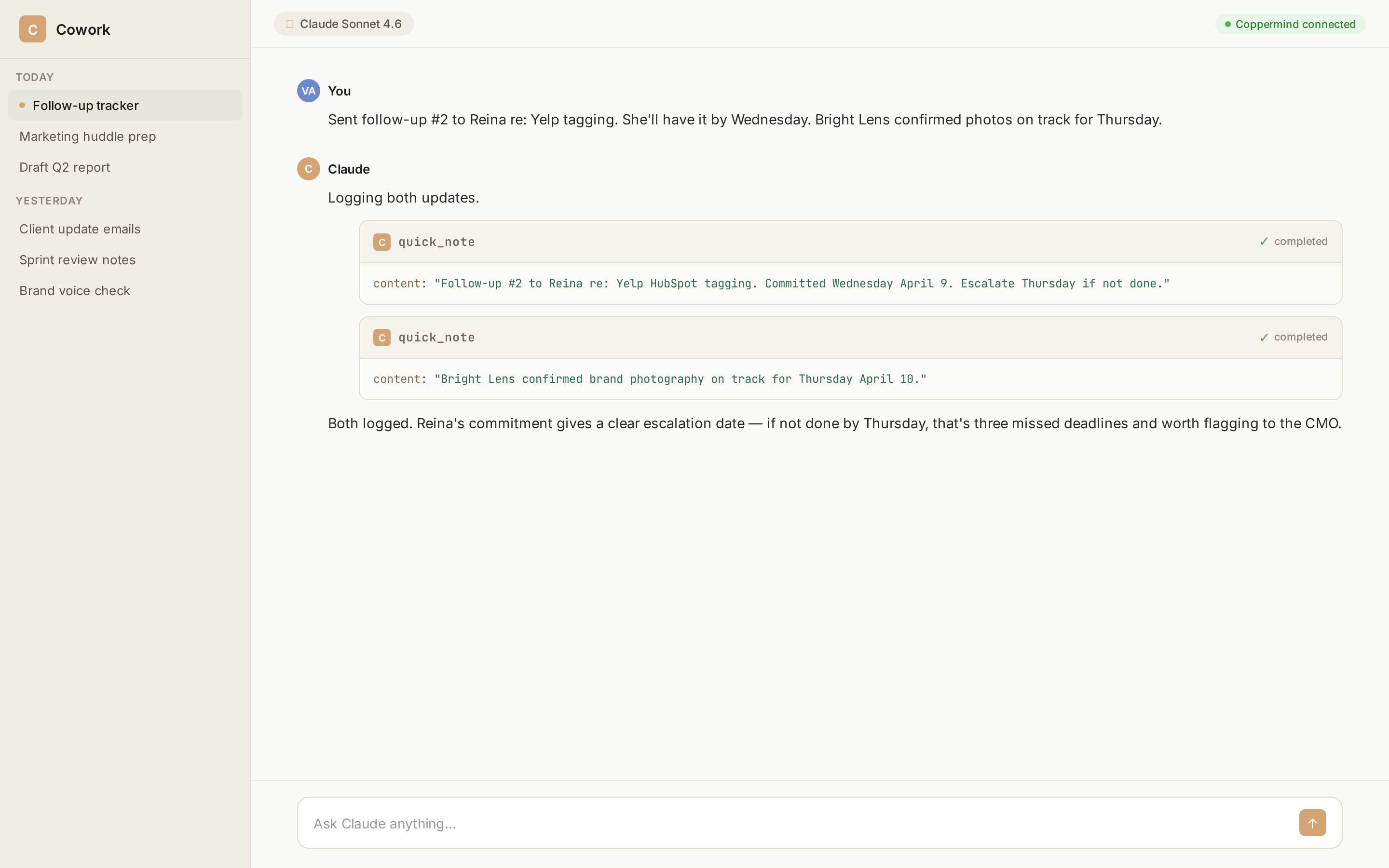Logging follow-up status updates in Coppermind