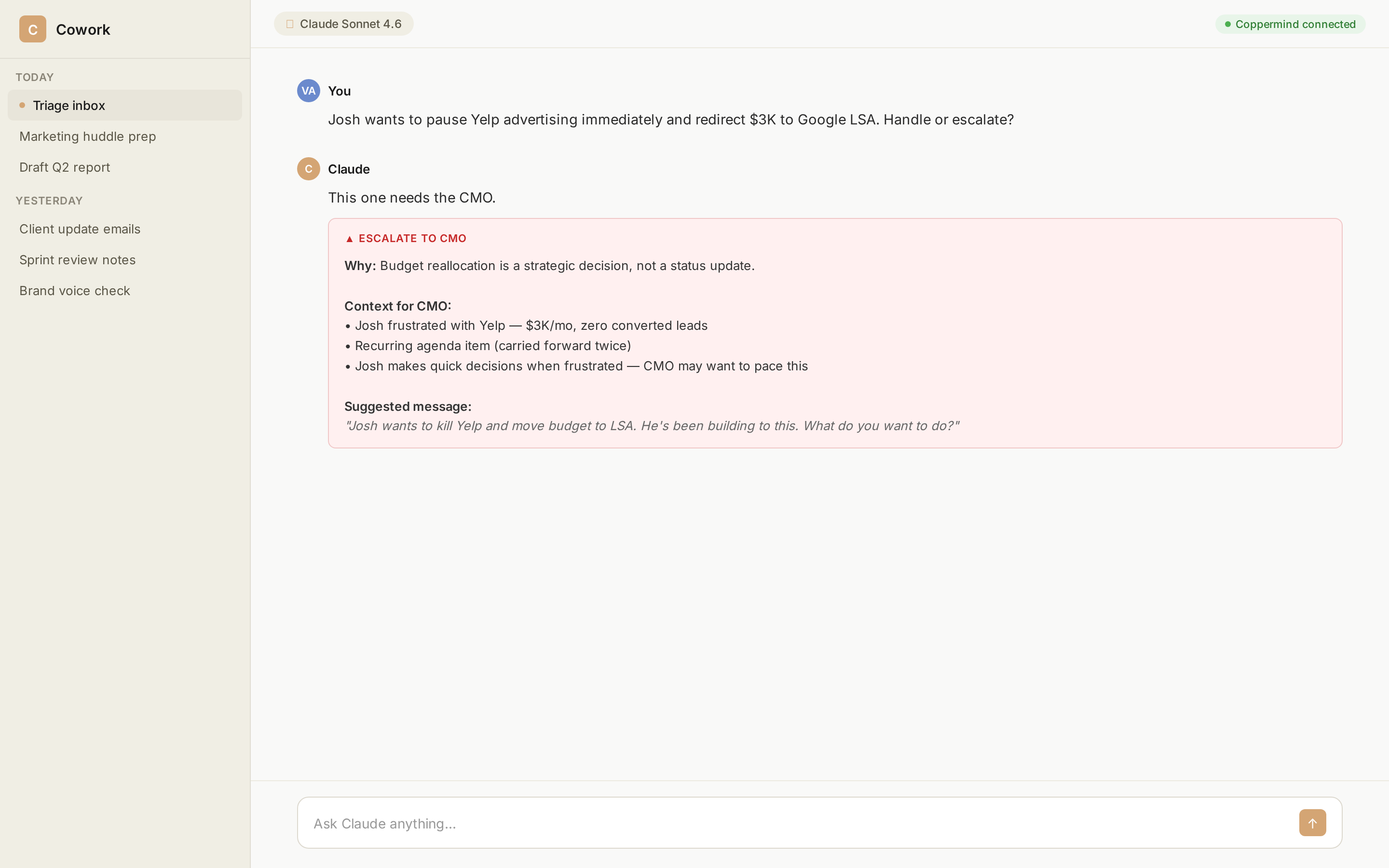 Coppermind identifying when to escalate a budget decision to the CMO